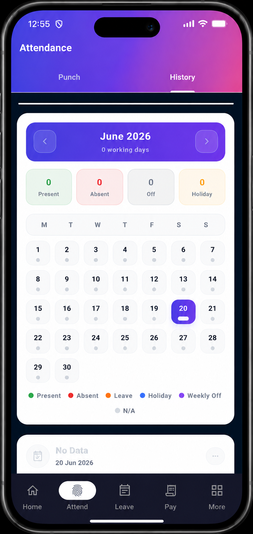 AuriHR attendance calendar screenshot