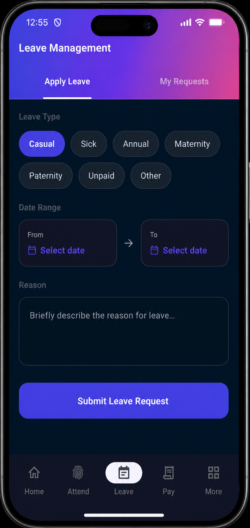 AuriHR leave management screenshot