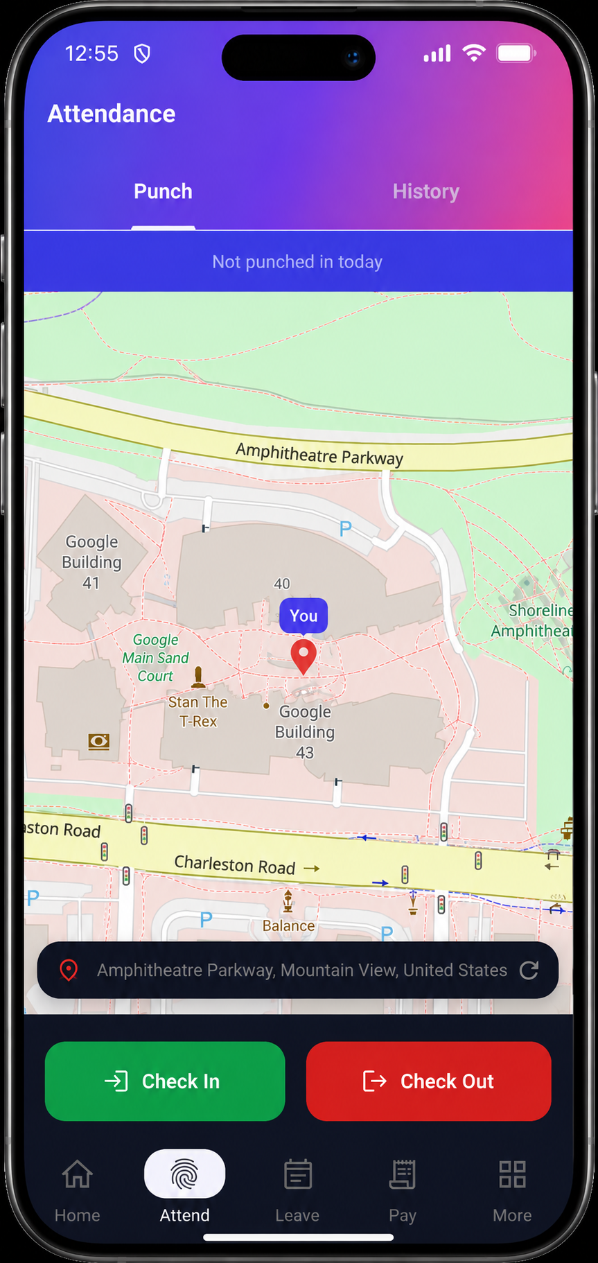 AuriHR mobile punch location screenshot
